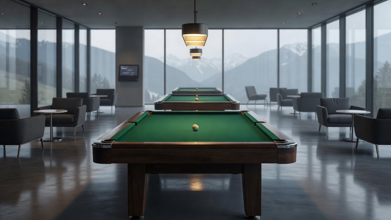 Atmospheric perspective of championship billiards tables in dispatchbrightkiosk Swiss lounge