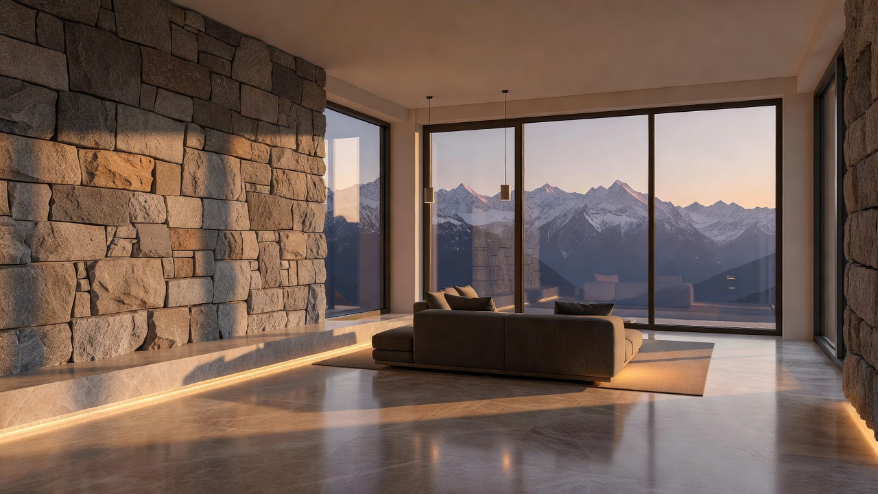 Atmospheric warm lighting inside modern Swiss interior with stone textures