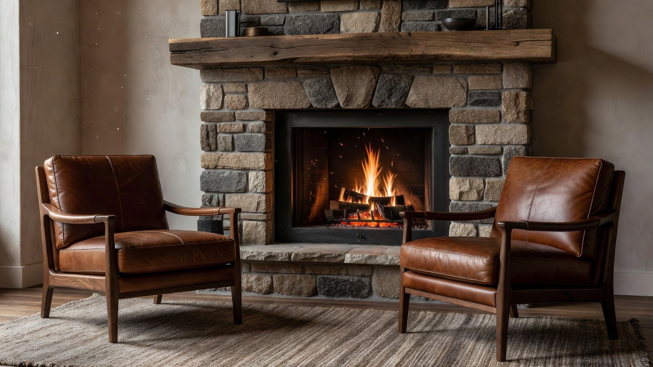 Bespoke leather armchairs beside textured stone fireplace