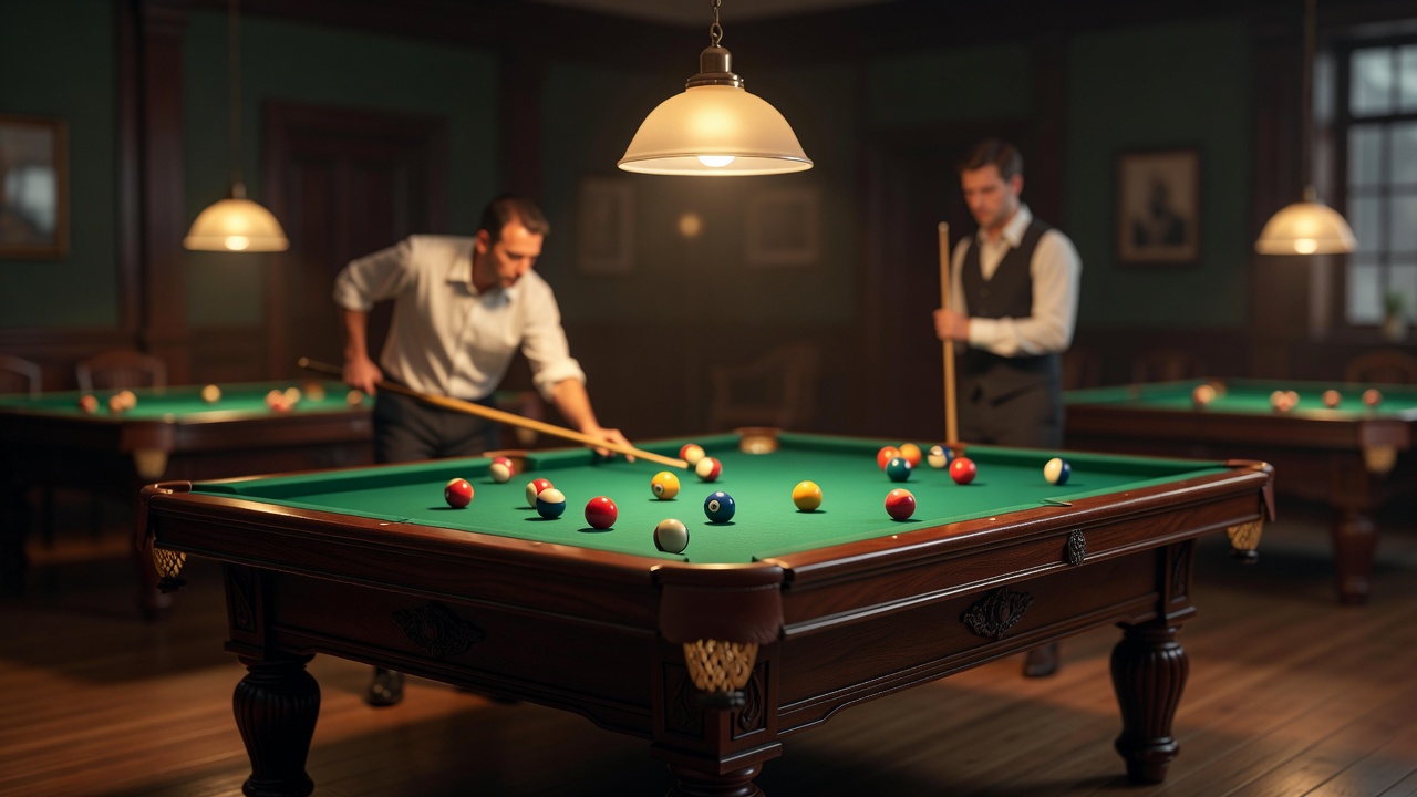 Billiards table in soft ambient light with players in background