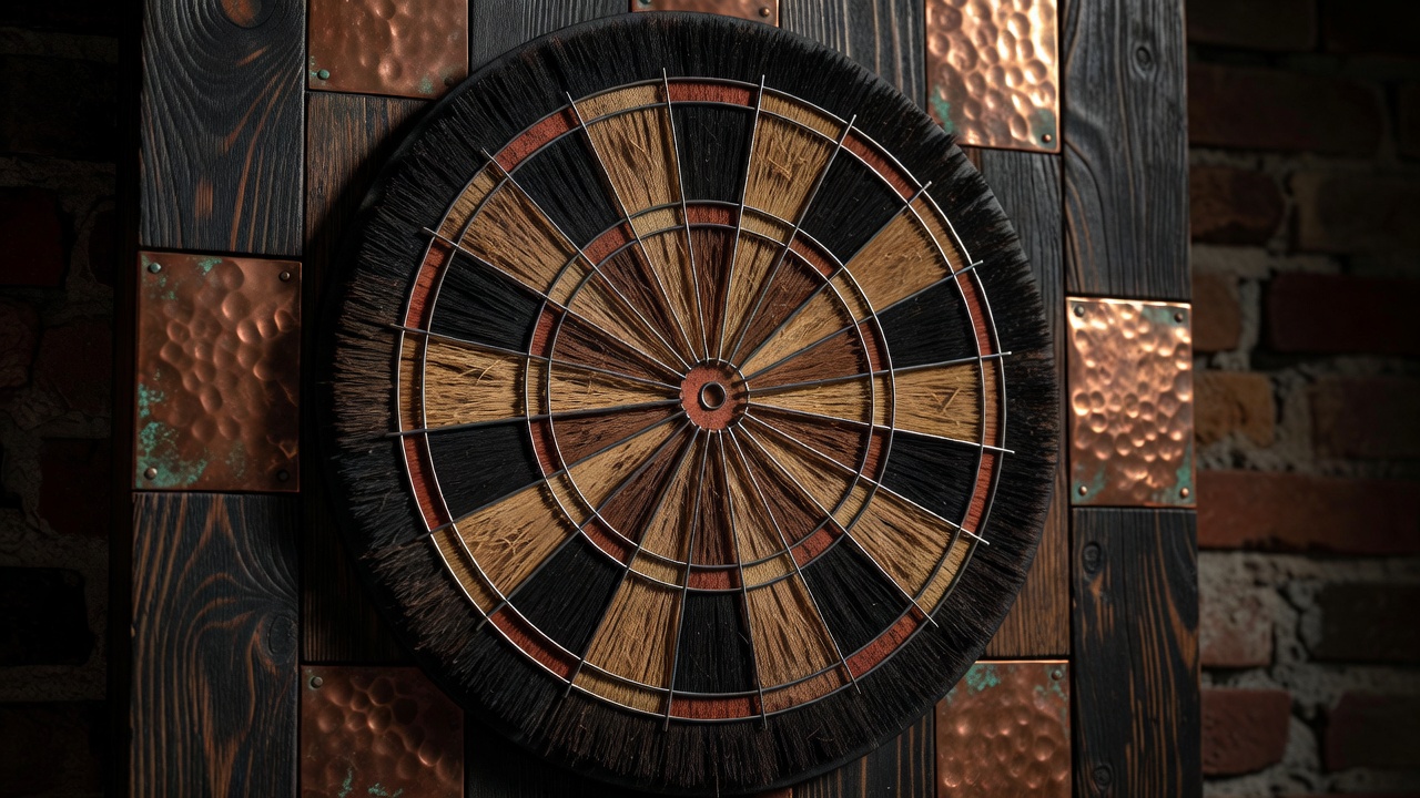 Bristle steel-tip dartboard embedded in dark timber and copper backboard