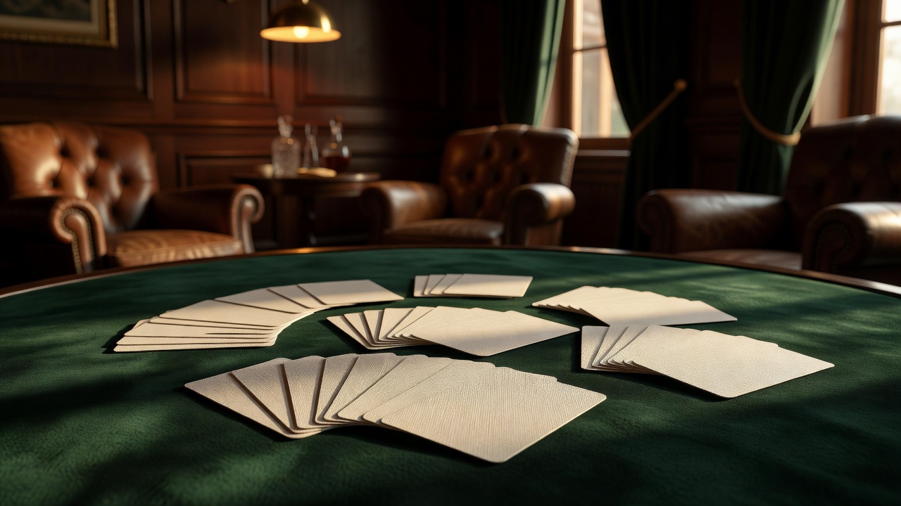 Classic linen cards dealt across a dark green felt surface in warm lounge ambiance
