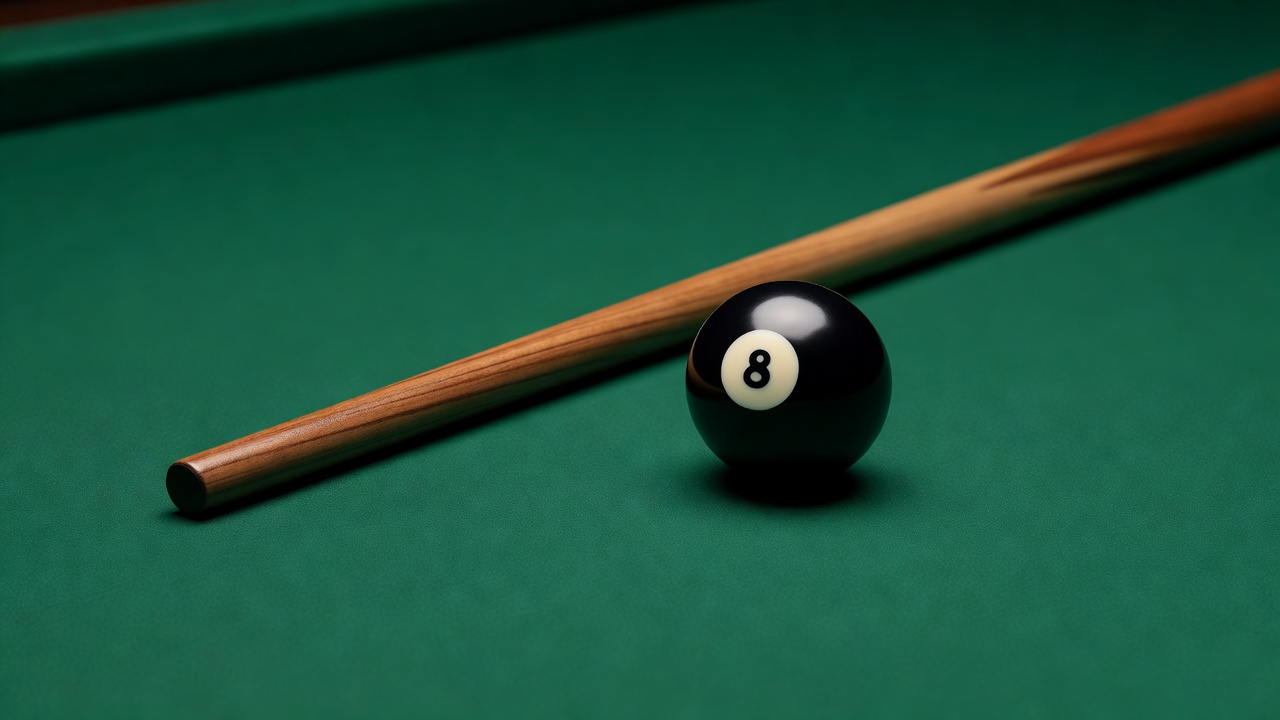 Close-up of American 8-ball and cue on smooth emerald cloth