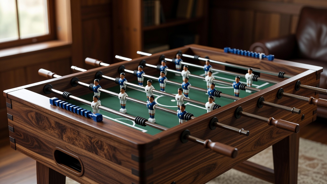 Foosball table with chrome telescopic rods and wooden craftsmanship