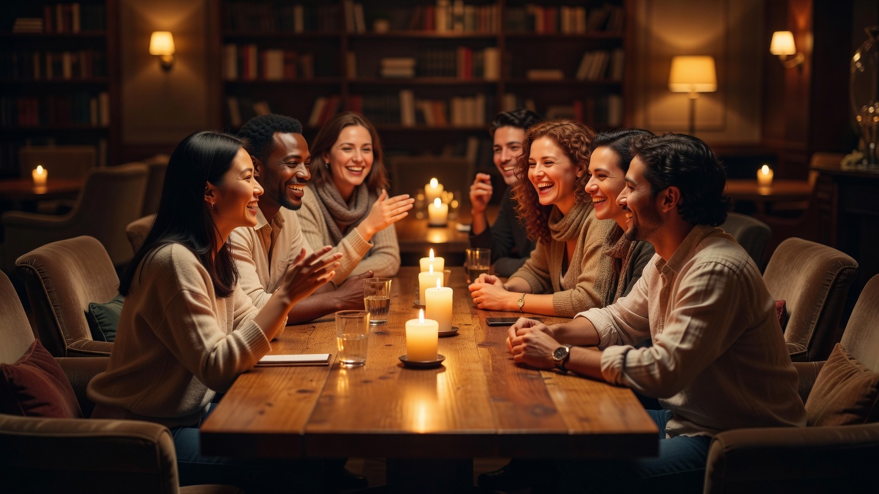 Friends gathered around a warm wooden social table in an intimate lounge setting