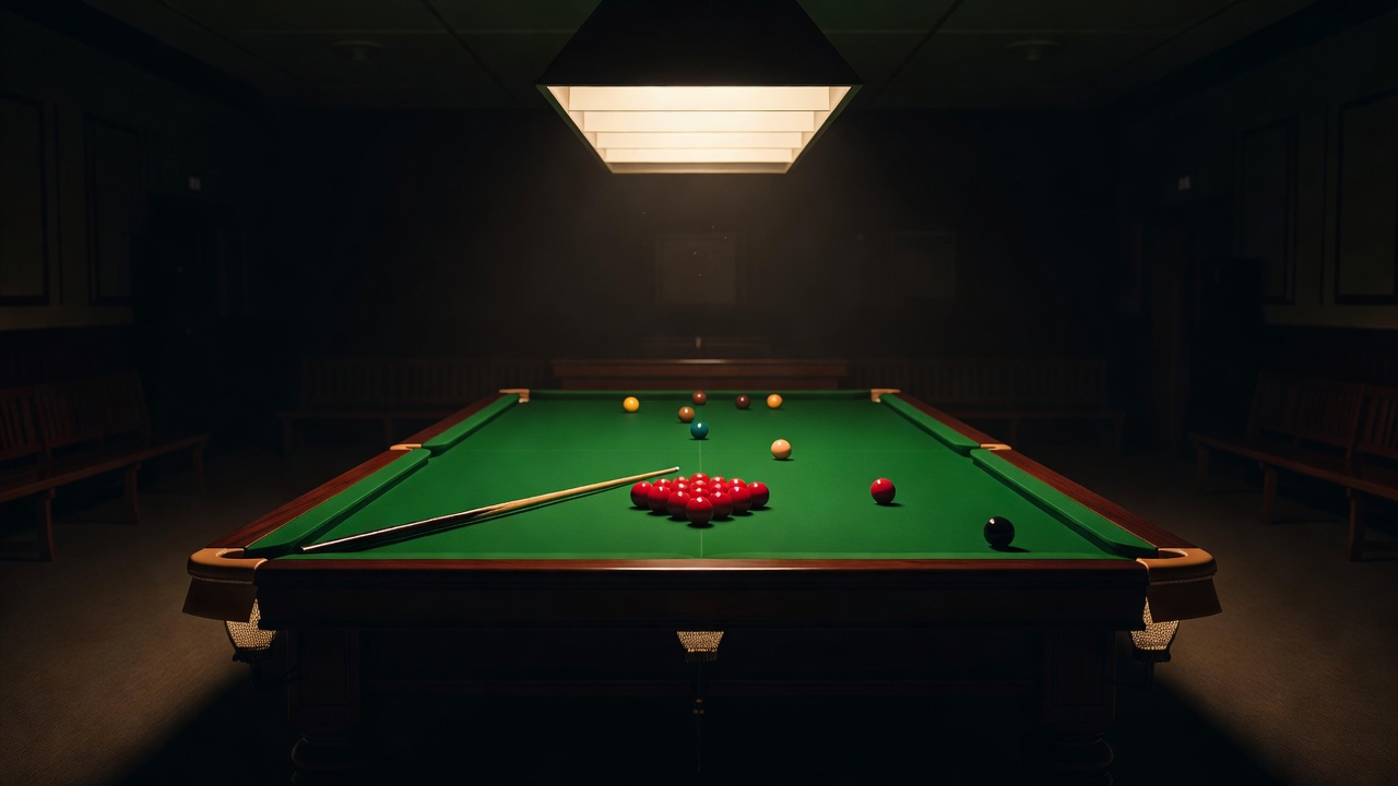 Full length 12-foot tournament snooker table with overhead canopy lighting