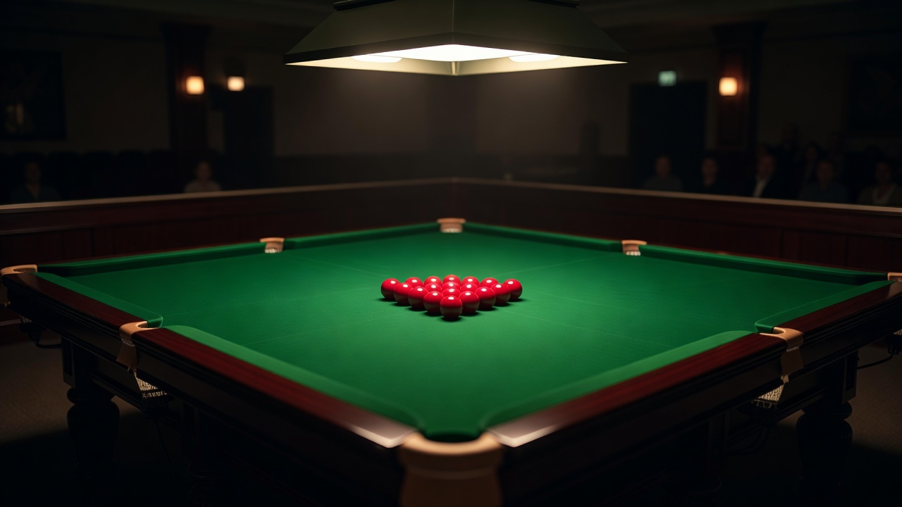 Full-size tournament snooker table with red balls racked under overhead lighting