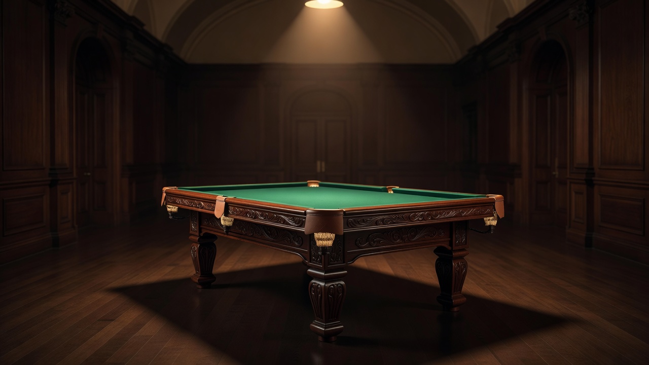 Handcrafted championship billiards table under warm ambient spotlight in the main hall