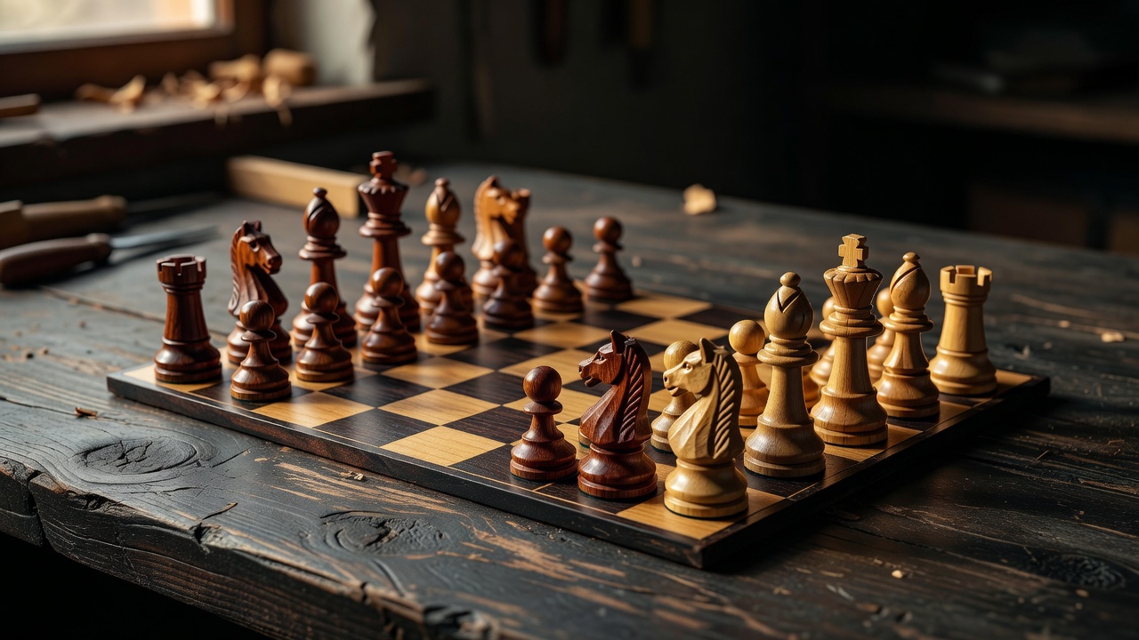 Handcrafted chess pieces on dark timber tabletop