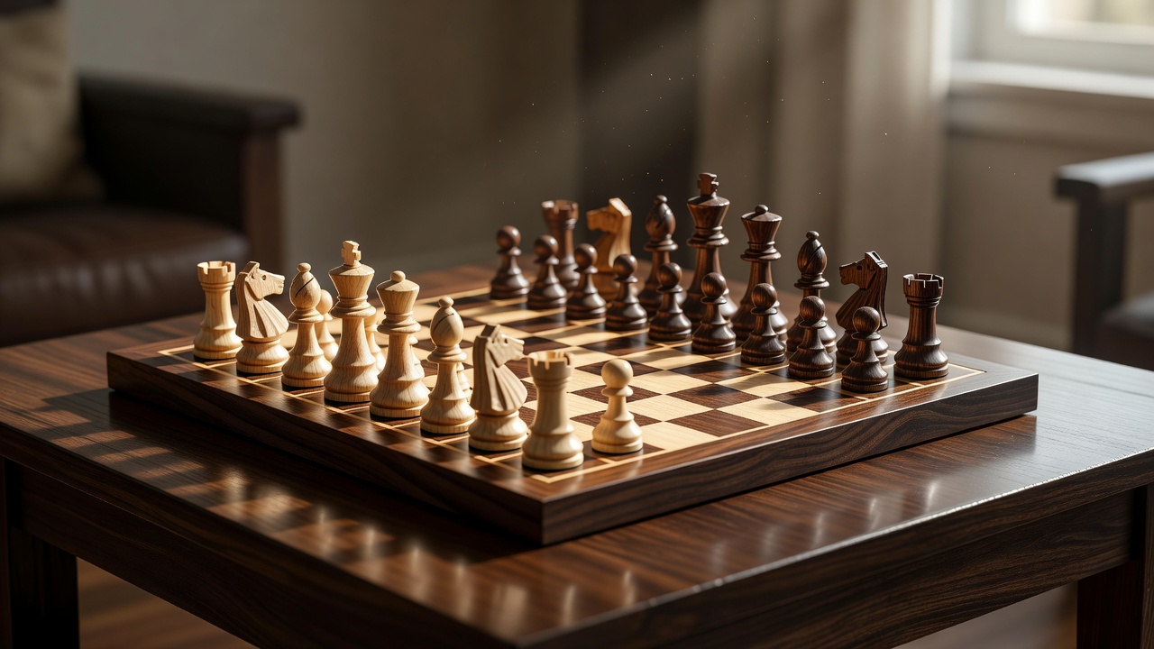 Handcrafted chess set with wooden pieces arranged on an espresso table