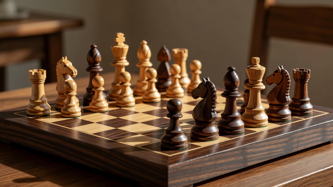 Handcrafted wooden chess pieces arranged on an espresso timber board