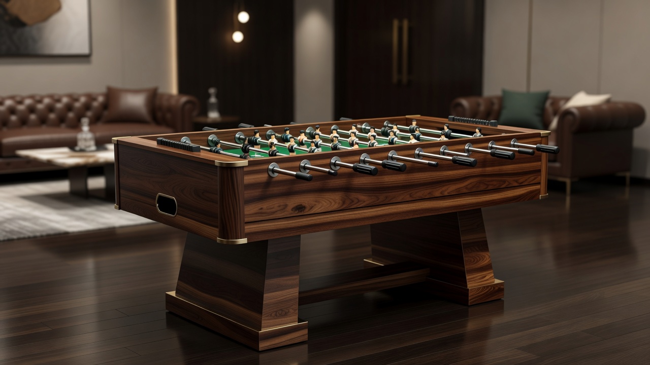 High-end foosball table with telescopic chrome rods and solid wooden finish