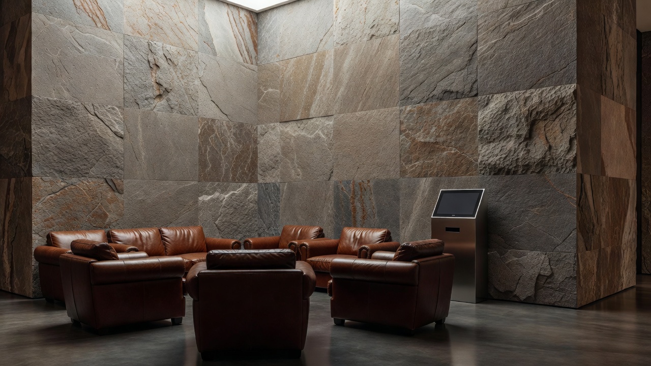 Interior perspective of dispatchbrightkiosk lounge with leather seating and Ticino stone walls