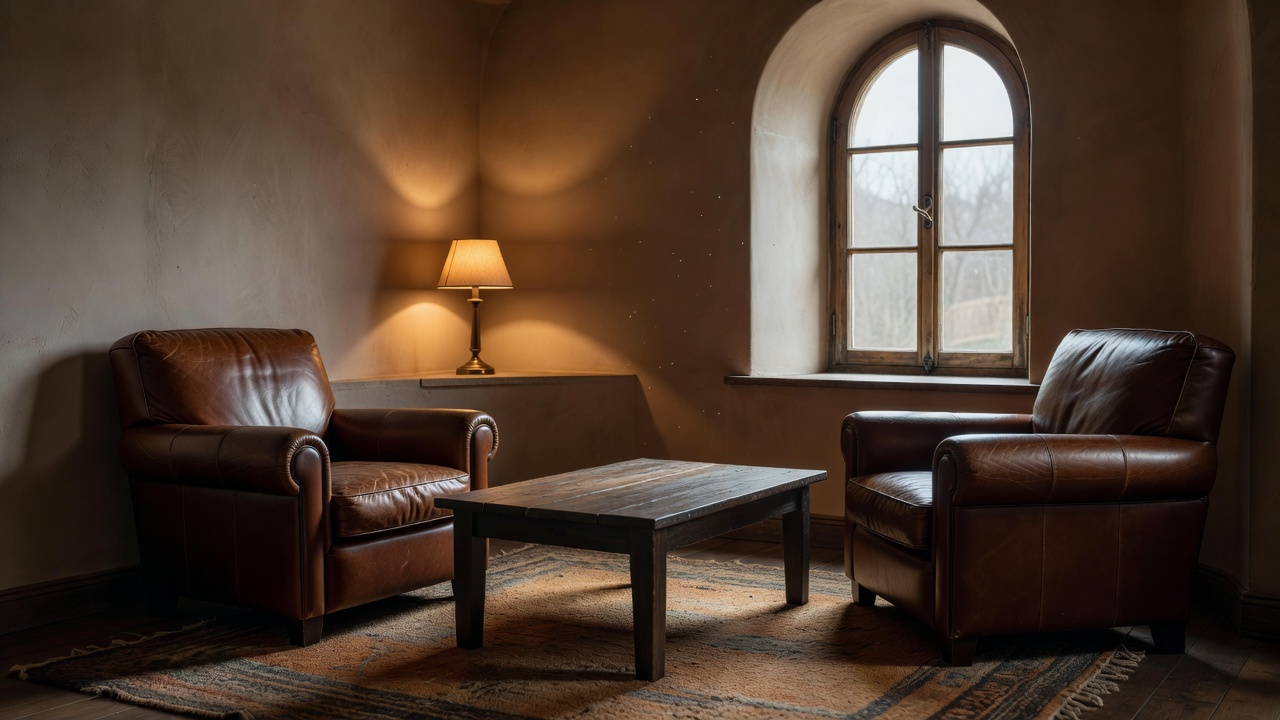 Intimate leather seating area in lounge alcove