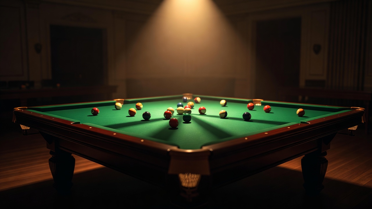 Main tournament billiards table under warm ambient spotlight