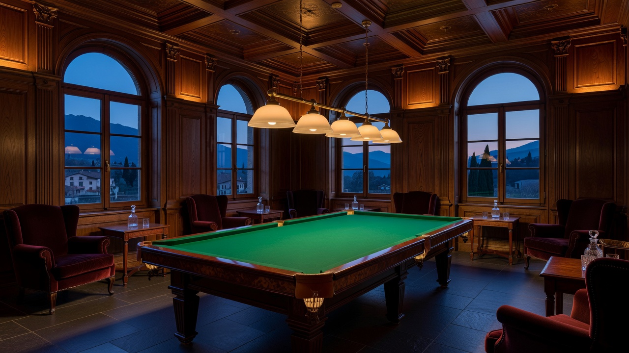 Refined Swiss billiards lounge interior with warm overhead lighting and tournament table in Ticino