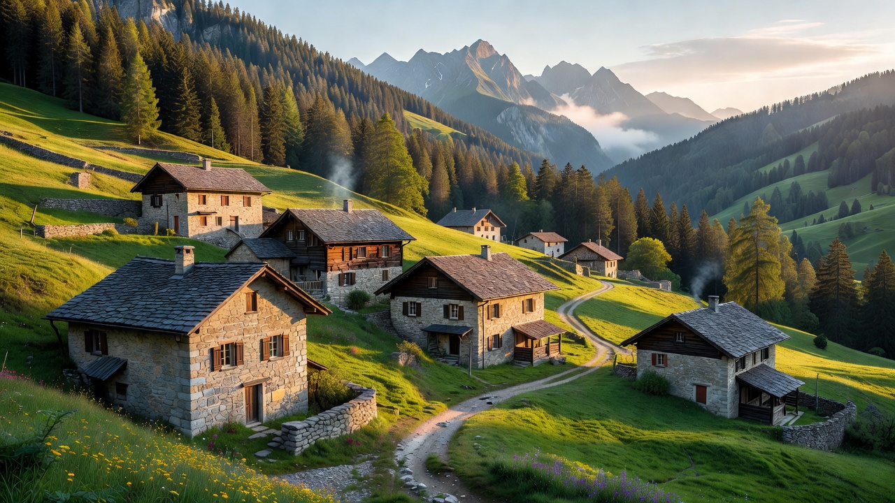 Scenic Swiss hillside with traditional stone architecture