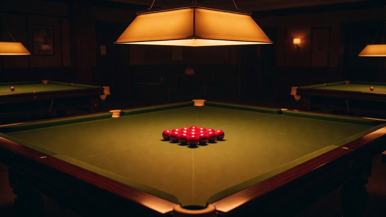 Snooker table setup with red ball triangle under warm canopy light