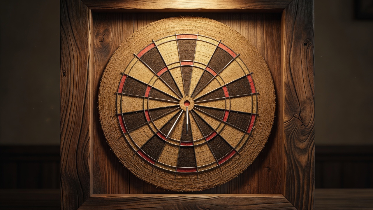 Steel-tip bristle dartboard in solid timber surround under warm focal lighting