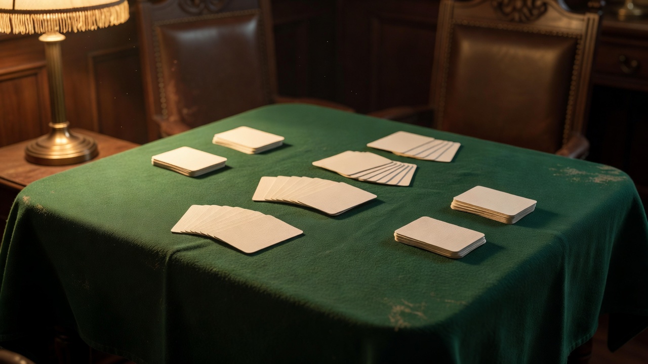 Vintage felt card table setup with linen playing cards and warm ambient light