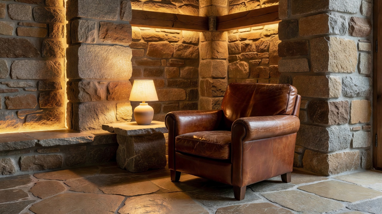 Warm Ticino stone lounge corner with leather armchair and ambient lighting